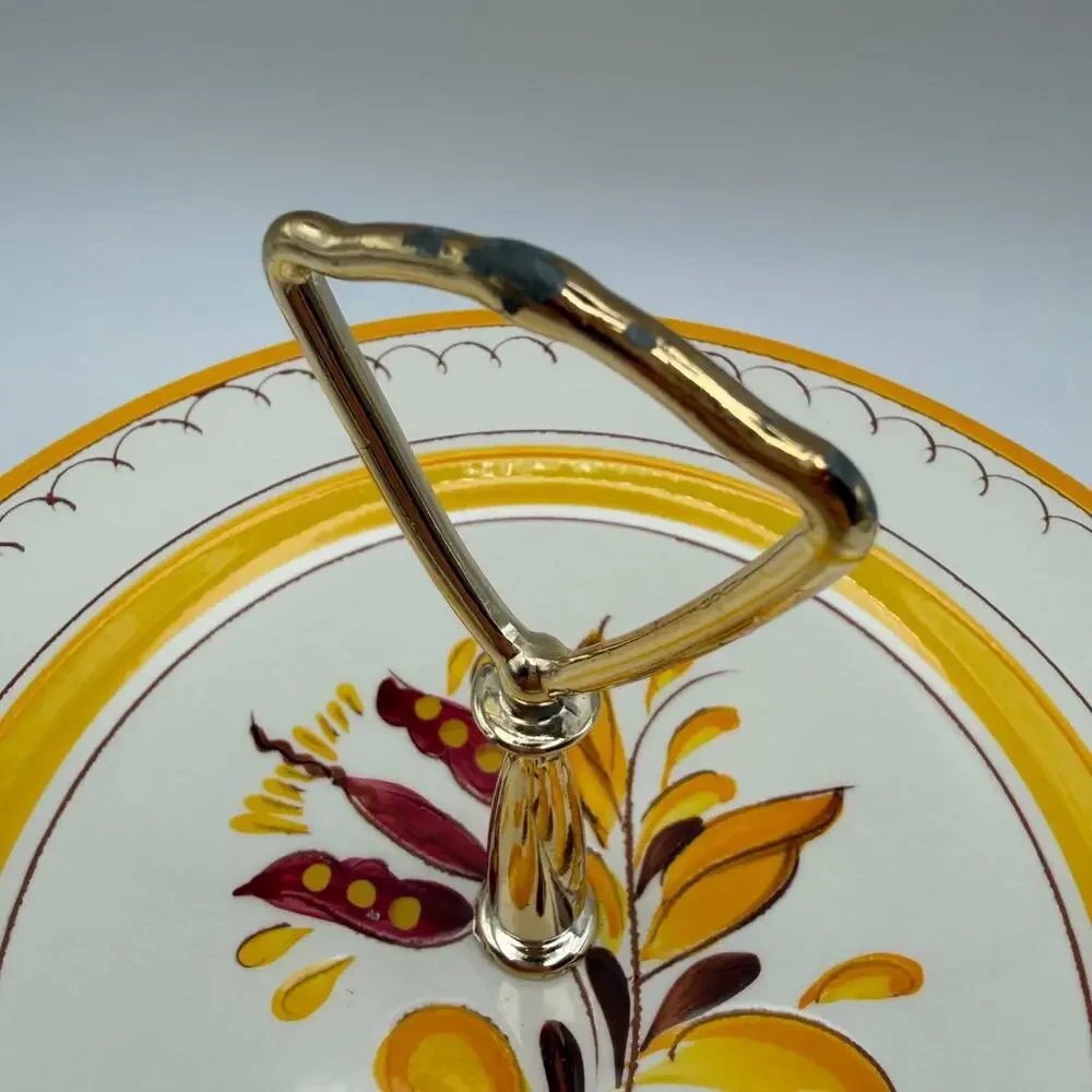 Vintage Stangl Pottery Server Tray Plate Yellow Provincial Pattern Gold Handle